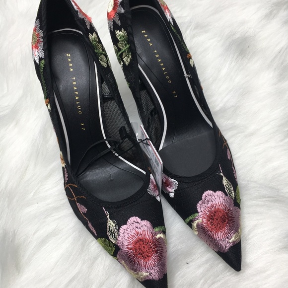 Zara black floral embroidered heels sz 6.5 nwt - Picture 2 of 8